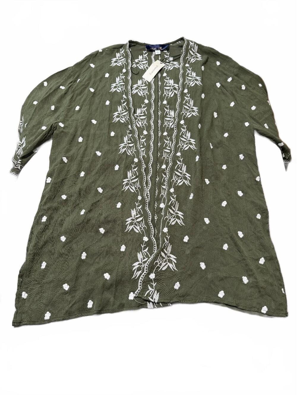 Francesca Blue Rain Women's Embroidered Hem Olive Cover up Caftan (S) Boho NWT